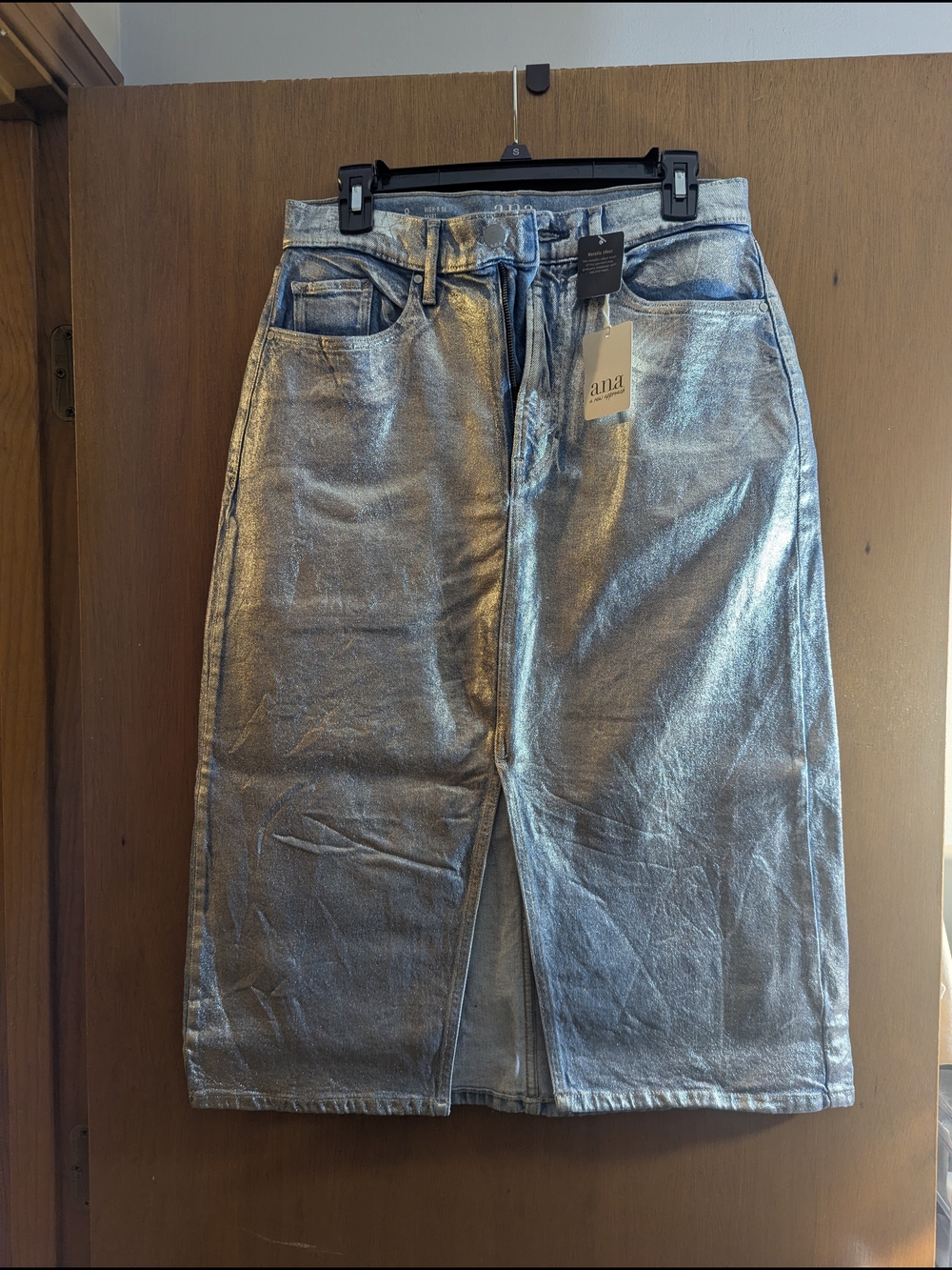 a.n.a Metallic Silver Midi Denim Skirt